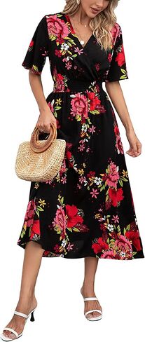 فستان Kormei نسائي قصير الأكمام ورقبة على شكل V بوهو مزين بالورود وخصر على شكل حرف a سوينغ صيفي وحفلات الشاطئ طويل ماكسي in Kuwait