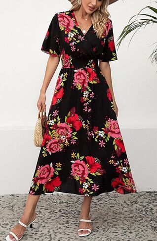 فستان Kormei نسائي قصير الأكمام ورقبة على شكل V بوهو مزين بالورود وخصر على شكل حرف a سوينغ صيفي وحفلات الشاطئ طويل ماكسي in Kuwait