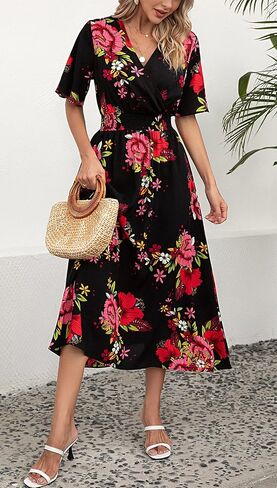 فستان Kormei نسائي قصير الأكمام ورقبة على شكل V بوهو مزين بالورود وخصر على شكل حرف a سوينغ صيفي وحفلات الشاطئ طويل ماكسي in Kuwait