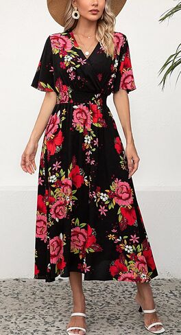 فستان Kormei نسائي قصير الأكمام ورقبة على شكل V بوهو مزين بالورود وخصر على شكل حرف a سوينغ صيفي وحفلات الشاطئ طويل ماكسي in Kuwait