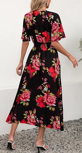 فستان Kormei نسائي قصير الأكمام ورقبة على شكل V بوهو مزين بالورود وخصر على شكل حرف a سوينغ صيفي وحفلات الشاطئ طويل ماكسي in Kuwait