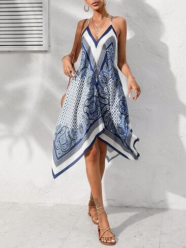 فستان Floerns النسائي بدون أكمام بطبعة بيزلي وحاشية هانكي غير متماثلة in Kuwait