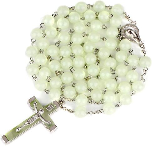 Glow in The Dark Rosary Necklace- Luminous Catholic Round Beads Religious Jesus Crucifix for Hanging Pray Rosaries Necklace Jewelry Noctilucent Cross Necklace Gift for Boys Girls Men Women in Saudi Arabia