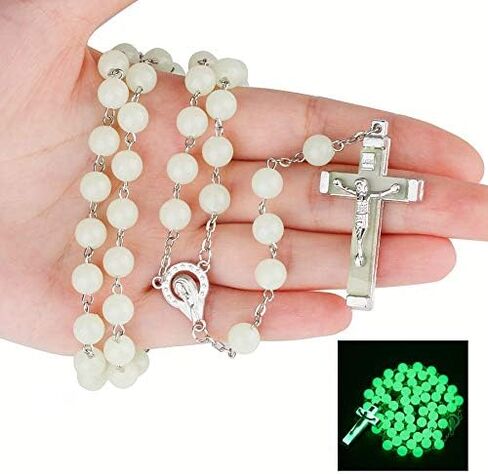 Glow in The Dark Rosary Necklace- Luminous Catholic Round Beads Religious Jesus Crucifix for Hanging Pray Rosaries Necklace Jewelry Noctilucent Cross Necklace Gift for Boys Girls Men Women in Saudi Arabia