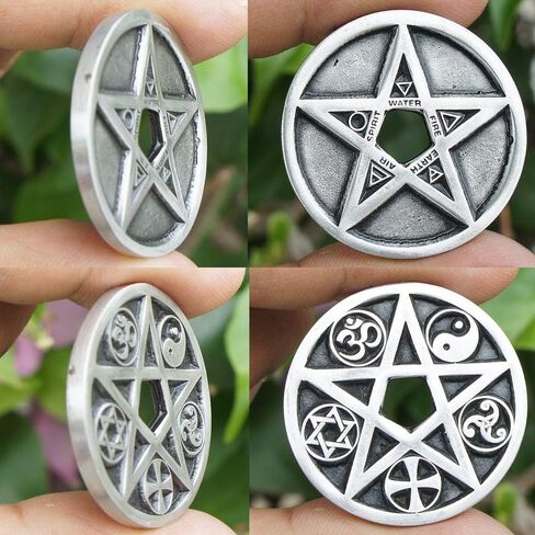 OhDeal4U 2 Sided Protection Elemental Disk Paganism Pentagram Star 5 Elements Disc Earth Air Spirit Water Fire and Coexist Religion Pewter Coin Pendant Medallion Amulet Charm in Saudi Arabia