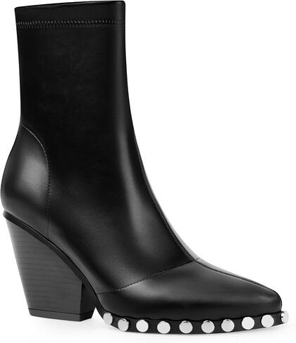 ANN CREEK Women's Studded Short Gogo Boots Pointed Toe Chunky High Heel Stretch Ankle Boots in Kuwait