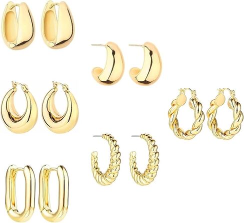 Stylish and Versatile 6 Pairs 14K Gold Hoop Earrings for Women, Lightweight and Hypoallergenic, Multipack with Various Sizes and Styles in Kuwait