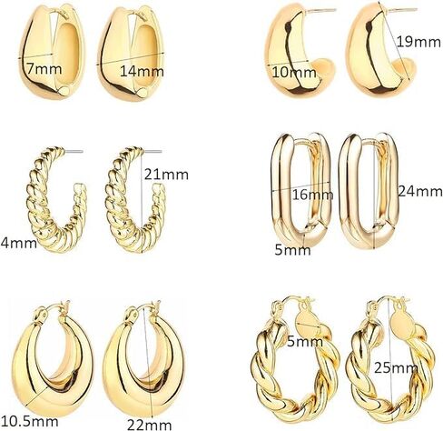 Stylish and Versatile 6 Pairs 14K Gold Hoop Earrings for Women, Lightweight and Hypoallergenic, Multipack with Various Sizes and Styles in Kuwait