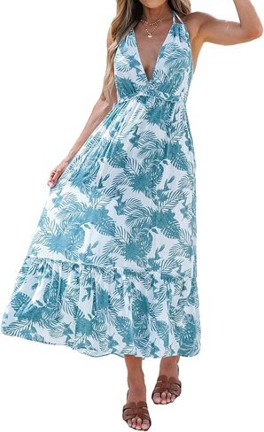 CUPSHE Women's Tropical Leaf Print Smocking Maxi Dress Mini Halter Dress Sleeveless in Saudi Arabia