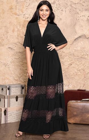 KOH KOH Womens Sexy Summer V-Neck Half Sleeve Layered Lace Maxi Dress in Kuwait
