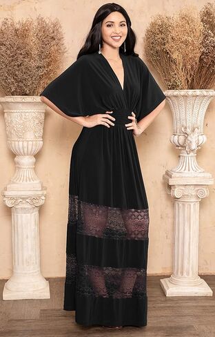 KOH KOH Womens Sexy Summer V-Neck Half Sleeve Layered Lace Maxi Dress in Kuwait