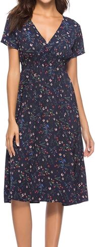 فستان تشيني بوهو فستان شيفون مطبوع عليه زهور ورقبة على شكل حرف V وأكمام قصيرة وخصر مرن فستان شاطئ متوسط ​​الطول للنساء والفتيات in Kuwait