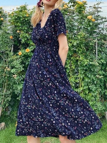 فستان تشيني بوهو فستان شيفون مطبوع عليه زهور ورقبة على شكل حرف V وأكمام قصيرة وخصر مرن فستان شاطئ متوسط ​​الطول للنساء والفتيات in Kuwait