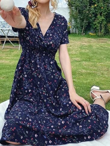 فستان تشيني بوهو فستان شيفون مطبوع عليه زهور ورقبة على شكل حرف V وأكمام قصيرة وخصر مرن فستان شاطئ متوسط ​​الطول للنساء والفتيات in Kuwait