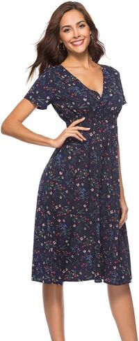 فستان تشيني بوهو فستان شيفون مطبوع عليه زهور ورقبة على شكل حرف V وأكمام قصيرة وخصر مرن فستان شاطئ متوسط ​​الطول للنساء والفتيات in Kuwait