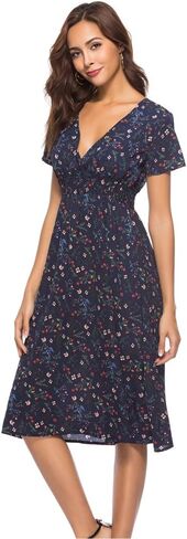 فستان تشيني بوهو فستان شيفون مطبوع عليه زهور ورقبة على شكل حرف V وأكمام قصيرة وخصر مرن فستان شاطئ متوسط ​​الطول للنساء والفتيات in Kuwait