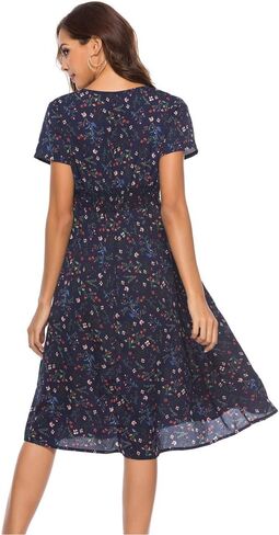 فستان تشيني بوهو فستان شيفون مطبوع عليه زهور ورقبة على شكل حرف V وأكمام قصيرة وخصر مرن فستان شاطئ متوسط ​​الطول للنساء والفتيات in Kuwait