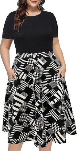 BEDOAR Women's Short Sleeve Colorblock Button Down Knee-Length Flared A-Line Casual Plus Size Dress with Pockets in Saudi Arabia