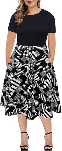 BEDOAR Women's Short Sleeve Colorblock Button Down Knee-Length Flared A-Line Casual Plus Size Dress with Pockets in Saudi Arabia