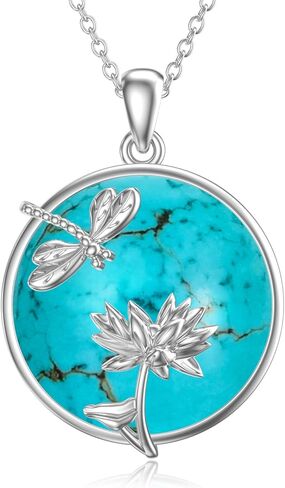 Reaii Dragonfly Necklace 925 Sterling Silver Turquoise Dragonfly Lotus Pendant Necklace for Women Genuine Turquoise Dragonfly Jewelry Gifts for Birthday Christmas Thanksgiving, Sterling Silver, in Kuwait