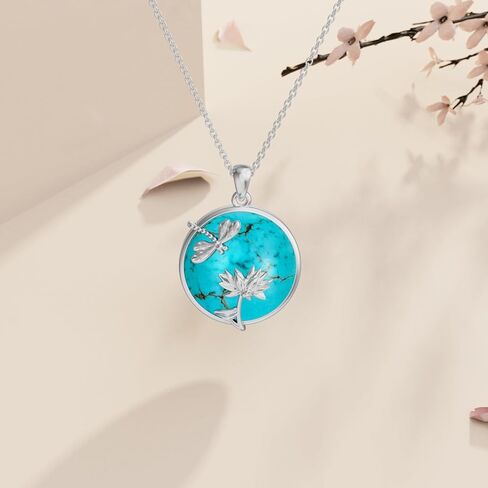 Reaii Dragonfly Necklace 925 Sterling Silver Turquoise Dragonfly Lotus Pendant Necklace for Women Genuine Turquoise Dragonfly Jewelry Gifts for Birthday Christmas Thanksgiving, Sterling Silver, in Kuwait