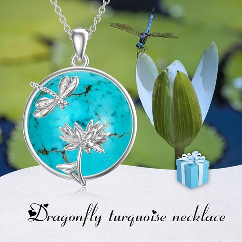 Reaii Dragonfly Necklace 925 Sterling Silver Turquoise Dragonfly Lotus Pendant Necklace for Women Genuine Turquoise Dragonfly Jewelry Gifts for Birthday Christmas Thanksgiving, Sterling Silver, in Kuwait