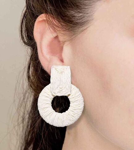 أقراط الروطان للنساء مصنوعة يدويًا من القش الرافية المنسوجة أقراط متدلية بوهو صيفية إكسسوارات الشاطئ هدايا in Kuwait