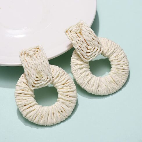 أقراط الروطان للنساء مصنوعة يدويًا من القش الرافية المنسوجة أقراط متدلية بوهو صيفية إكسسوارات الشاطئ هدايا in Kuwait