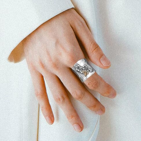 S925 Sterling Silver Big Large Flowers Butterfly Bee Wide Bands Ring for Women Girls,Animal Thumb Index Middle Finger Ring,Retro Vintage Boho Ring Jewelry Gift in Saudi Arabia