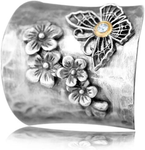 S925 Sterling Silver Big Large Flowers Butterfly Bee Wide Bands Ring for Women Girls,Animal Thumb Index Middle Finger Ring,Retro Vintage Boho Ring Jewelry Gift in Saudi Arabia