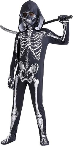 زي الهيكل العظمي للأطفال أزياء الهالوين بدلة على شكل عظمة الهيكل العظمي مع قناع غطاء محرك السيارة المنجل الدعامة خدعة أو علاج in Kuwait
