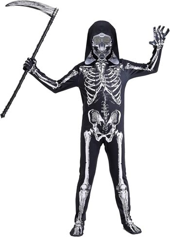 زي الهيكل العظمي للأطفال أزياء الهالوين بدلة على شكل عظمة الهيكل العظمي مع قناع غطاء محرك السيارة المنجل الدعامة خدعة أو علاج in Kuwait