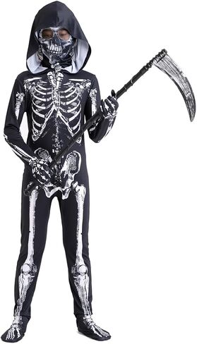 زي الهيكل العظمي للأطفال أزياء الهالوين بدلة على شكل عظمة الهيكل العظمي مع قناع غطاء محرك السيارة المنجل الدعامة خدعة أو علاج in Kuwait