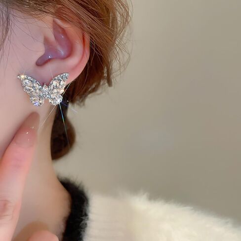 Vcagirest Sparkling Diamond Butterfly Earrings Rhinestone Stud for Women Crystal Silver Statement Earrings for Girls Party Wedding Bridal Prom Party Jewelry Gifts in Kuwait