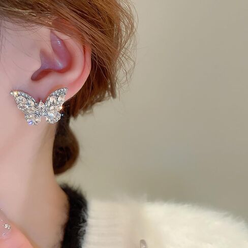 Vcagirest Sparkling Diamond Butterfly Earrings Rhinestone Stud for Women Crystal Silver Statement Earrings for Girls Party Wedding Bridal Prom Party Jewelry Gifts in Kuwait