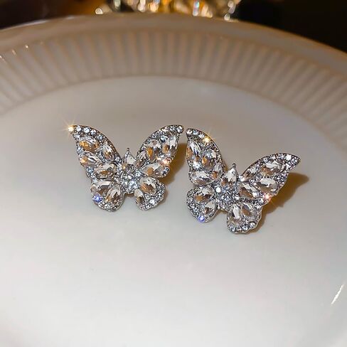 Vcagirest Sparkling Diamond Butterfly Earrings Rhinestone Stud for Women Crystal Silver Statement Earrings for Girls Party Wedding Bridal Prom Party Jewelry Gifts in Kuwait