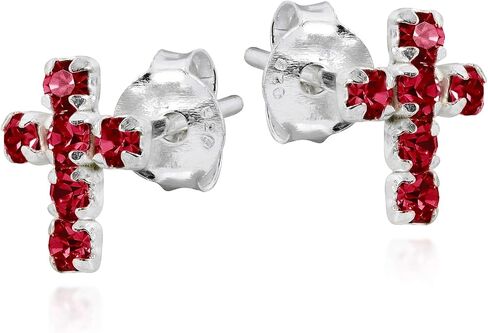 AeraVida Cute Petite Cross Red Cubic Zirconia .925 Silver Stud Earrings | Red Stones Cross Stud Earrings | Stud Earring for Women Sterling Silver | Cross Silver Earrings in Saudi Arabia