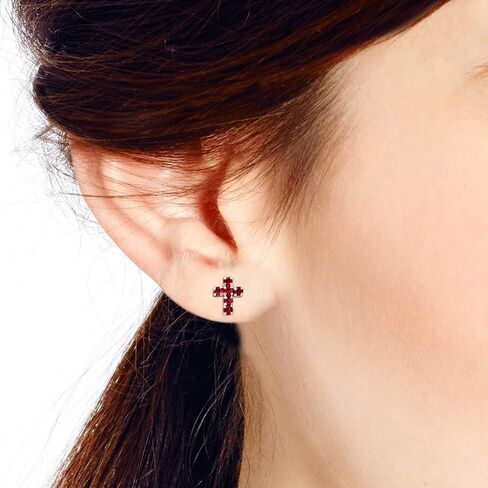 AeraVida Cute Petite Cross Red Cubic Zirconia .925 Silver Stud Earrings | Red Stones Cross Stud Earrings | Stud Earring for Women Sterling Silver | Cross Silver Earrings in Saudi Arabia