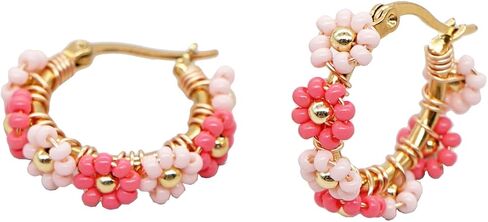 Sonateomber Handmade Beaded Gold Hoop Earrings for Women Girls, Cute Handmade Small Colorful Seed Beads Flower Bohemia Huggies Cartilage Hypoallergenic Prom Holiday Jewelry Gift in Saudi Arabia