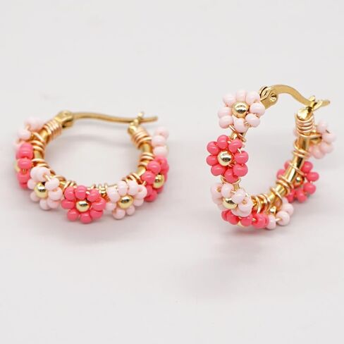 Sonateomber Handmade Beaded Gold Hoop Earrings for Women Girls, Cute Handmade Small Colorful Seed Beads Flower Bohemia Huggies Cartilage Hypoallergenic Prom Holiday Jewelry Gift in Saudi Arabia