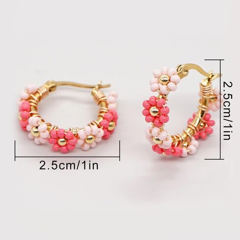 Sonateomber Handmade Beaded Gold Hoop Earrings for Women Girls, Cute Handmade Small Colorful Seed Beads Flower Bohemia Huggies Cartilage Hypoallergenic Prom Holiday Jewelry Gift in Saudi Arabia