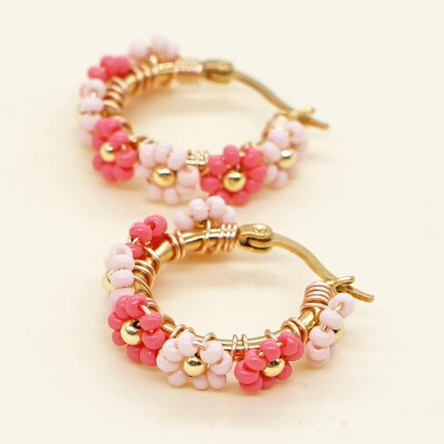 Sonateomber Handmade Beaded Gold Hoop Earrings for Women Girls, Cute Handmade Small Colorful Seed Beads Flower Bohemia Huggies Cartilage Hypoallergenic Prom Holiday Jewelry Gift in Saudi Arabia