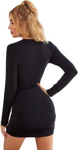 GORGLITTER Women's Elegant Deep V Neck Long Sleeve Ruched Party Bodycon Short Mini Dress in Saudi Arabia