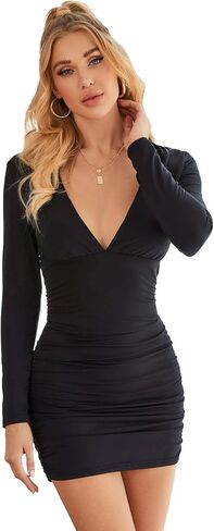 GORGLITTER Women's Elegant Deep V Neck Long Sleeve Ruched Party Bodycon Short Mini Dress in Saudi Arabia