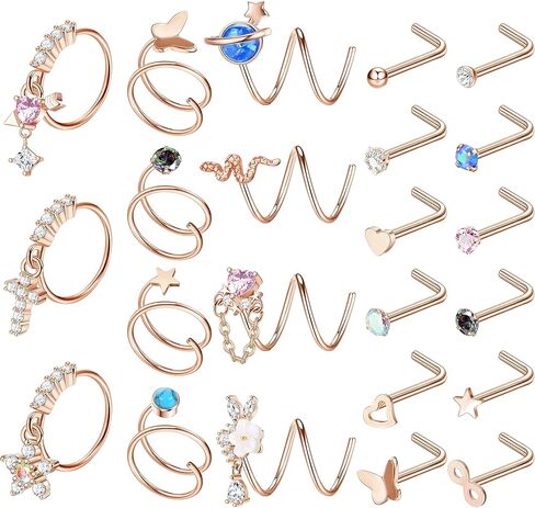 23 قطعة من حلقات الأنف المتدلية من LOYALLOOK، حلقات أنف متدلية مزدوجة متدلية من أجل ثقب واحد من الفولاذ المقاوم للصدأ، حلقة أنف حلزونية من الفولاذ المقاوم للصدأ على شكل حرف L، أقراط دائرية مزدوجة in Kuwait