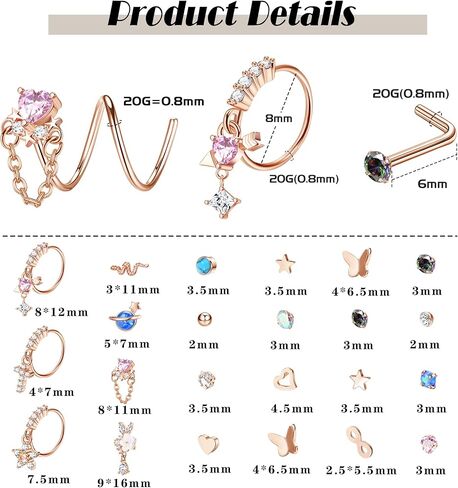 23 قطعة من حلقات الأنف المتدلية من LOYALLOOK، حلقات أنف متدلية مزدوجة متدلية من أجل ثقب واحد من الفولاذ المقاوم للصدأ، حلقة أنف حلزونية من الفولاذ المقاوم للصدأ على شكل حرف L، أقراط دائرية مزدوجة in Kuwait