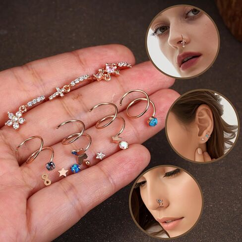 23 قطعة من حلقات الأنف المتدلية من LOYALLOOK، حلقات أنف متدلية مزدوجة متدلية من أجل ثقب واحد من الفولاذ المقاوم للصدأ، حلقة أنف حلزونية من الفولاذ المقاوم للصدأ على شكل حرف L، أقراط دائرية مزدوجة in Kuwait