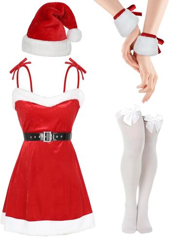 Christmas Women Christmas Lingerie Set of Christmas Dress with Belt and Cuffs Thigh High Stockings Santa Hat in Saudi Arabia