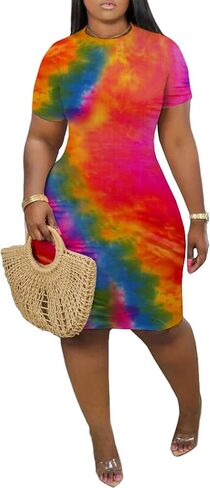 فستان Wryran النسائي الصيفي النحيف الكاجوال تي شيرت مطبوع عليه حروف ورقبة دائرية وأكمام قصيرة فساتين قصيرة لطيفة in Kuwait