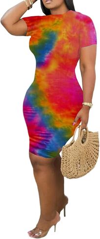 فستان Wryran النسائي الصيفي النحيف الكاجوال تي شيرت مطبوع عليه حروف ورقبة دائرية وأكمام قصيرة فساتين قصيرة لطيفة in Kuwait